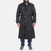 Men's Daniel Musta Nahkainen Trenssitakki Miehille in Black Cowhide Leather - Front Profile View &amp; Tailored Silhouette | Buy Online