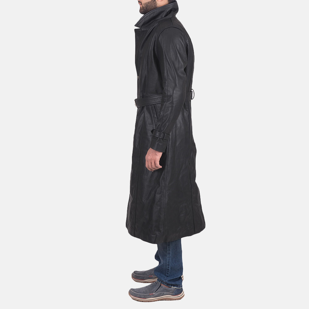 Men's Daniel Musta Nahkainen Trenssitakki Miehille - Lateral Side Profile View Showing Sleeve Cut &amp; Athletic Taper Fit