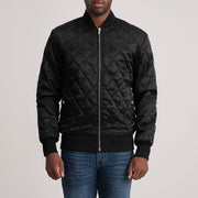Danson Quilted Musta Varsity Nahkatakki Miehille in Black Satin - Front Profile View &amp; Tailored Silhouette | Buy Online