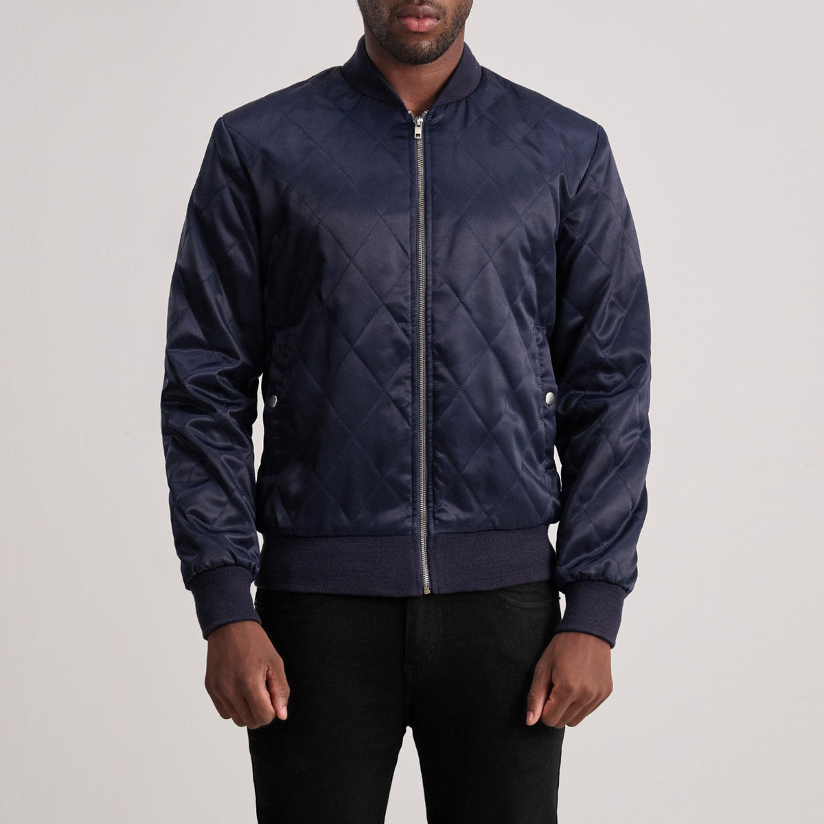 Danson Quilted Blue Varsity Nahkatakki Miehille in Blue Satin - Front Profile View &amp; Tailored Silhouette | Buy Online