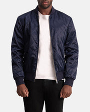 Danson Quilted Blue Varsity Nahkatakki Miehille - Lateral Side Profile View Showing Sleeve Cut &amp; Athletic Taper Fit