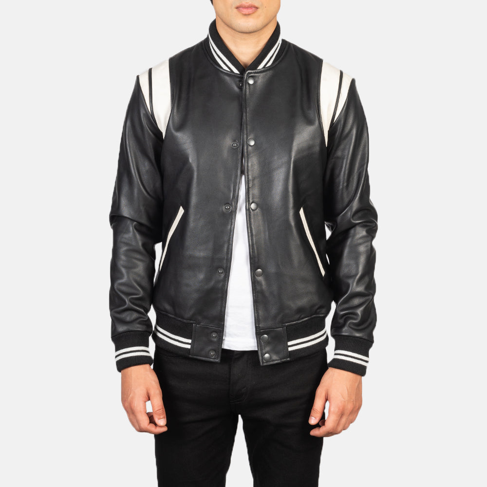 Men's Dantee Musta Leather Varsity Nahkatakki Miehille in Black &amp; White Sheepskin Leather - Front Profile View &amp; Tailored Silhouette | Buy Online