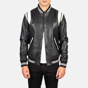 Men's Dantee Musta Leather Varsity Nahkatakki Miehille in Black &amp; White Sheepskin Leather - Front Profile View &amp; Tailored Silhouette | Buy Online