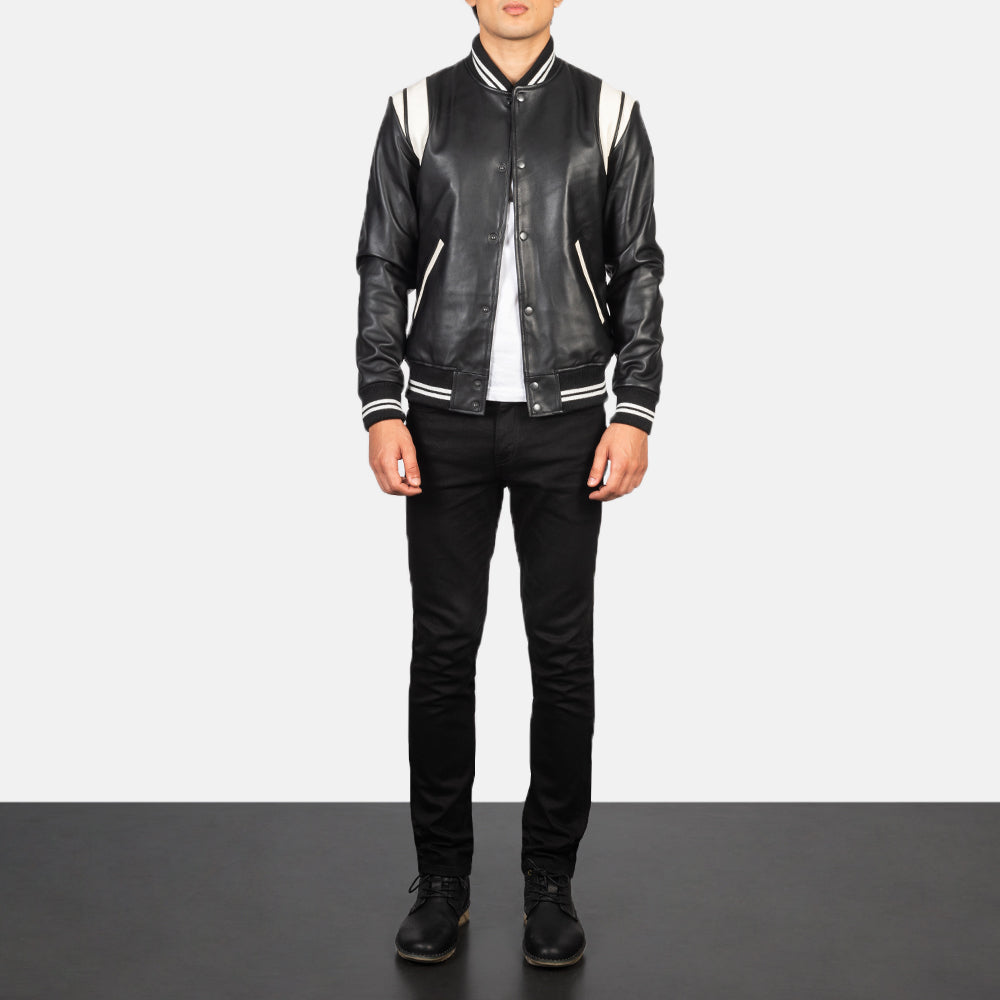 Men's Dantee Musta Leather Varsity Nahkatakki Miehille - Lateral Side Profile View Showing Sleeve Cut &amp; Athletic Taper Fit