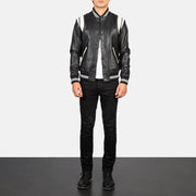 Men's Dantee Musta Leather Varsity Nahkatakki Miehille - Lateral Side Profile View Showing Sleeve Cut &amp; Athletic Taper Fit