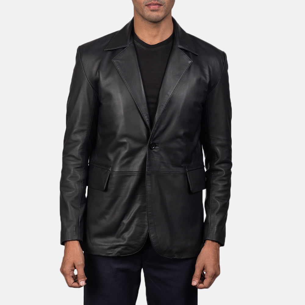 Men's Daron Musta Nahkainen Bleiseri Miehille in Black Sheepskin Leather - Front Profile View &amp; Tailored Silhouette | Buy Online
