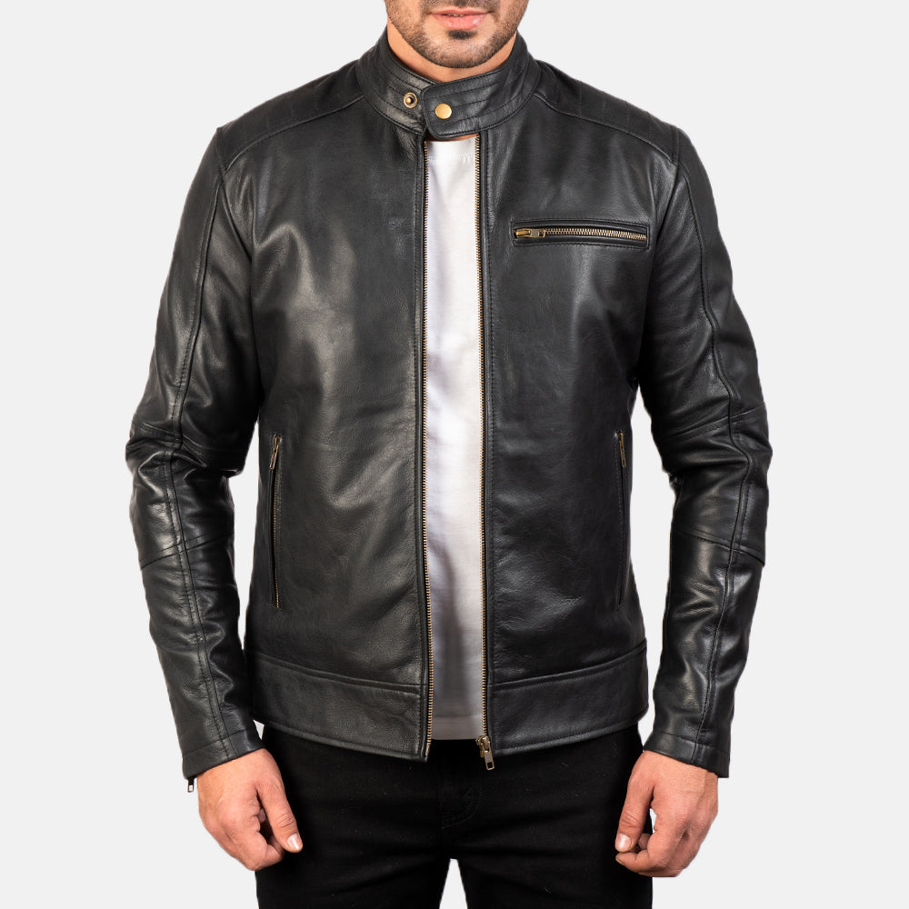 Dean Musta Nahkainen Biker-takki Miehille in Black Cow Hide Leather - Front Profile View &amp; Tailored Silhouette | Buy Online