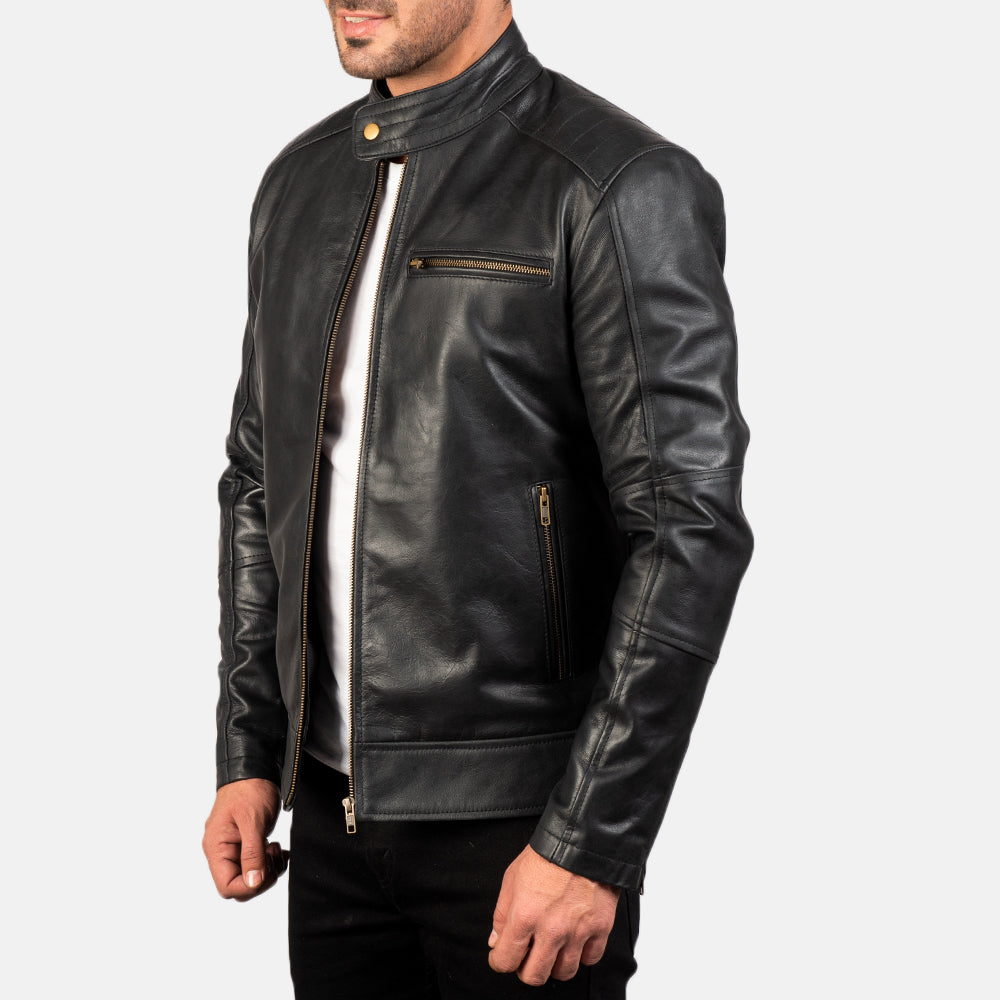Dean Musta Nahkainen Biker-takki Miehille - Back View Showing Tailored Shoulder Fit &amp; Clean Hemline