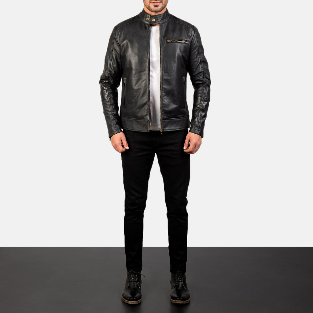 Dean Musta Nahkainen Biker-takki Miehille - Lateral Side Profile View Showing Sleeve Cut &amp; Athletic Taper Fit