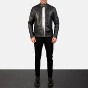 Dean Musta Nahkainen Biker-takki Miehille - Lateral Side Profile View Showing Sleeve Cut &amp; Athletic Taper Fit