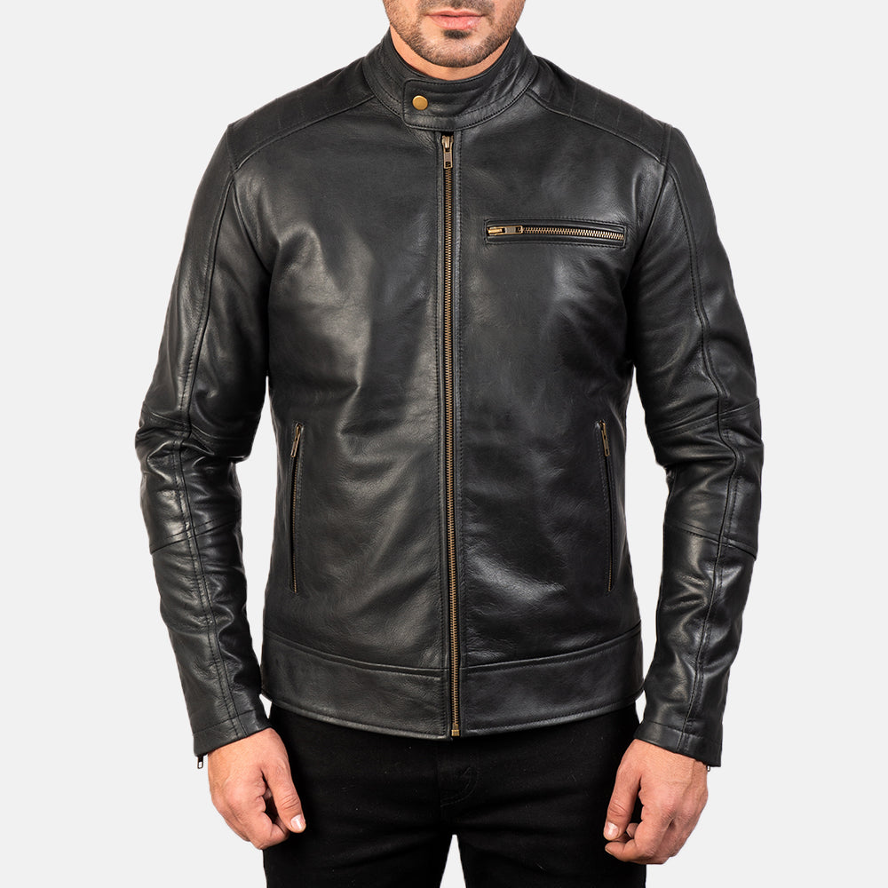 Close-Up Detail of Band with snap button &amp; Zipper Hardware on Dean Musta Nahkainen Biker-takki Miehille