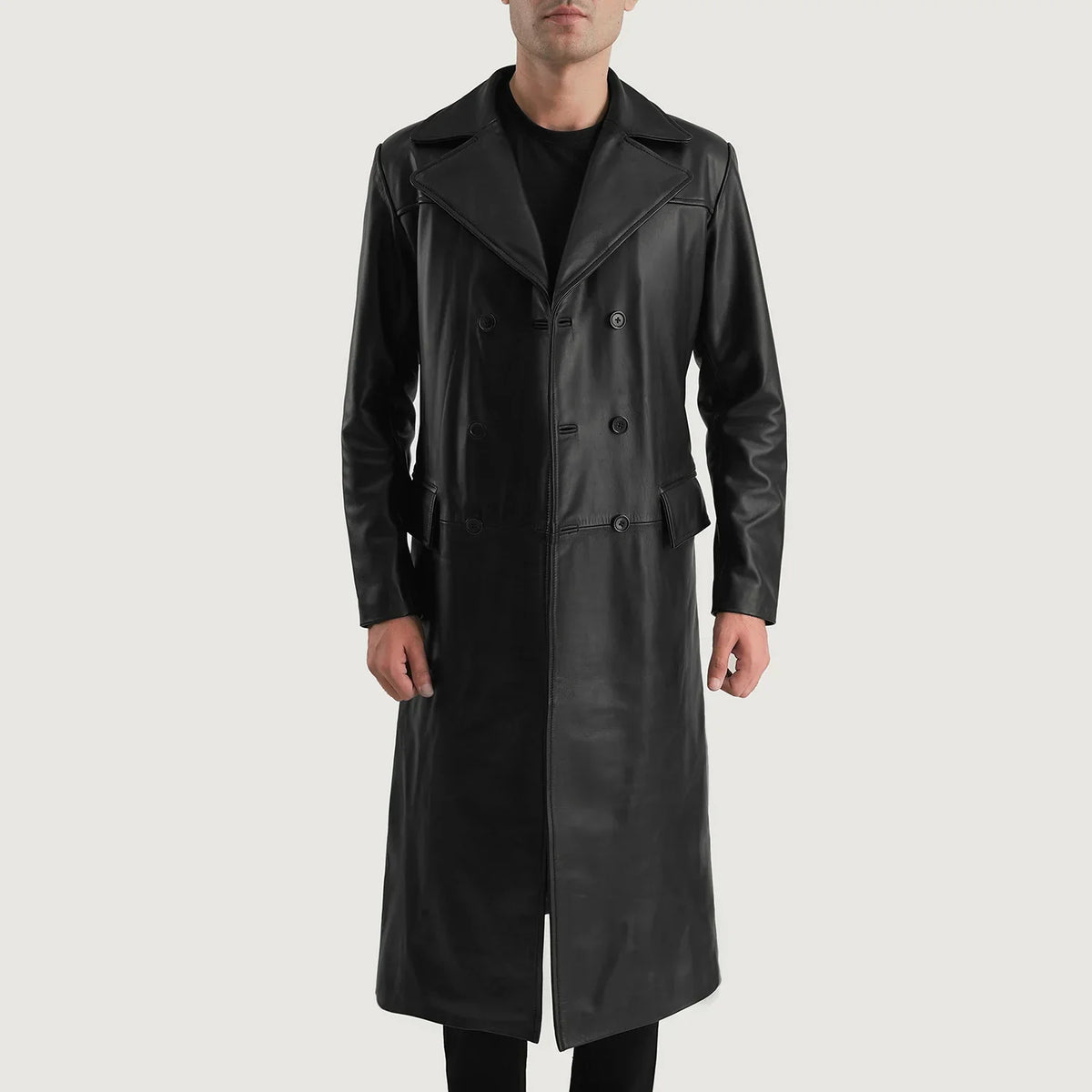 
Delmar Black Leather Double Breasted Coat in Black Cowhide Leather - Edestä ja räätälöity siluetti | Osta verkosta