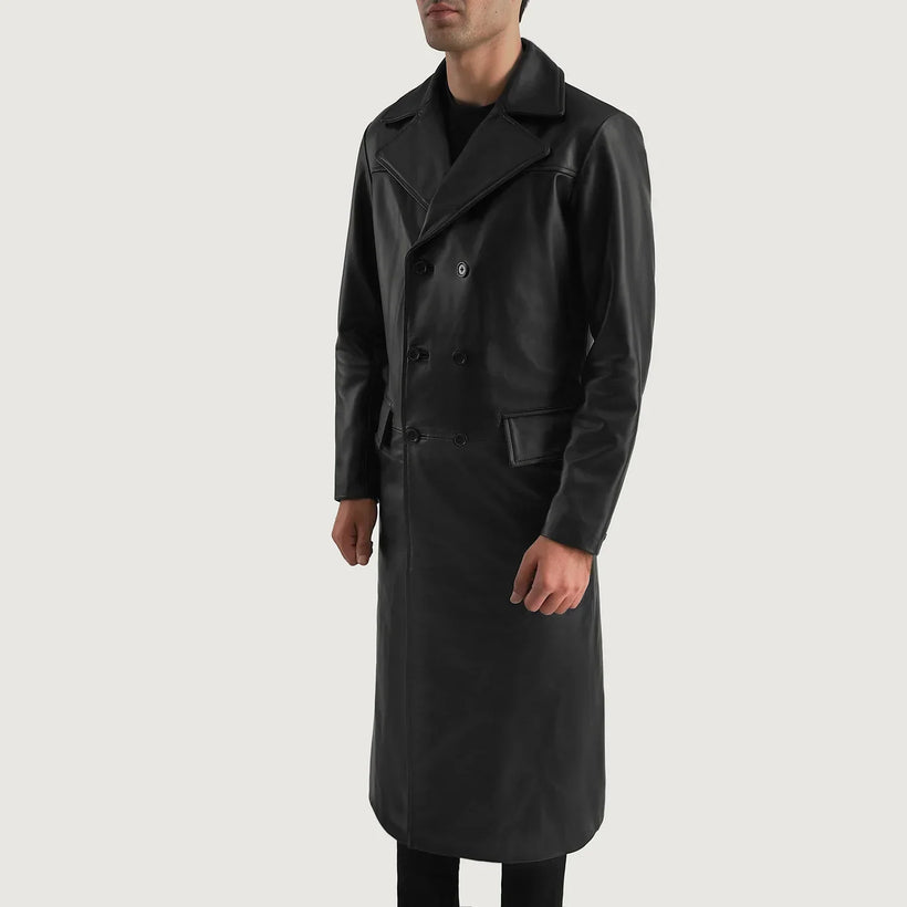 Delmar Musta Leather Double-Breasted Nahkatakki Pitkä Miehille