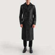 
Delmar Black Leather Double Breasted Coat - Sivuprofiili ergonomisella hihanleikkauksella