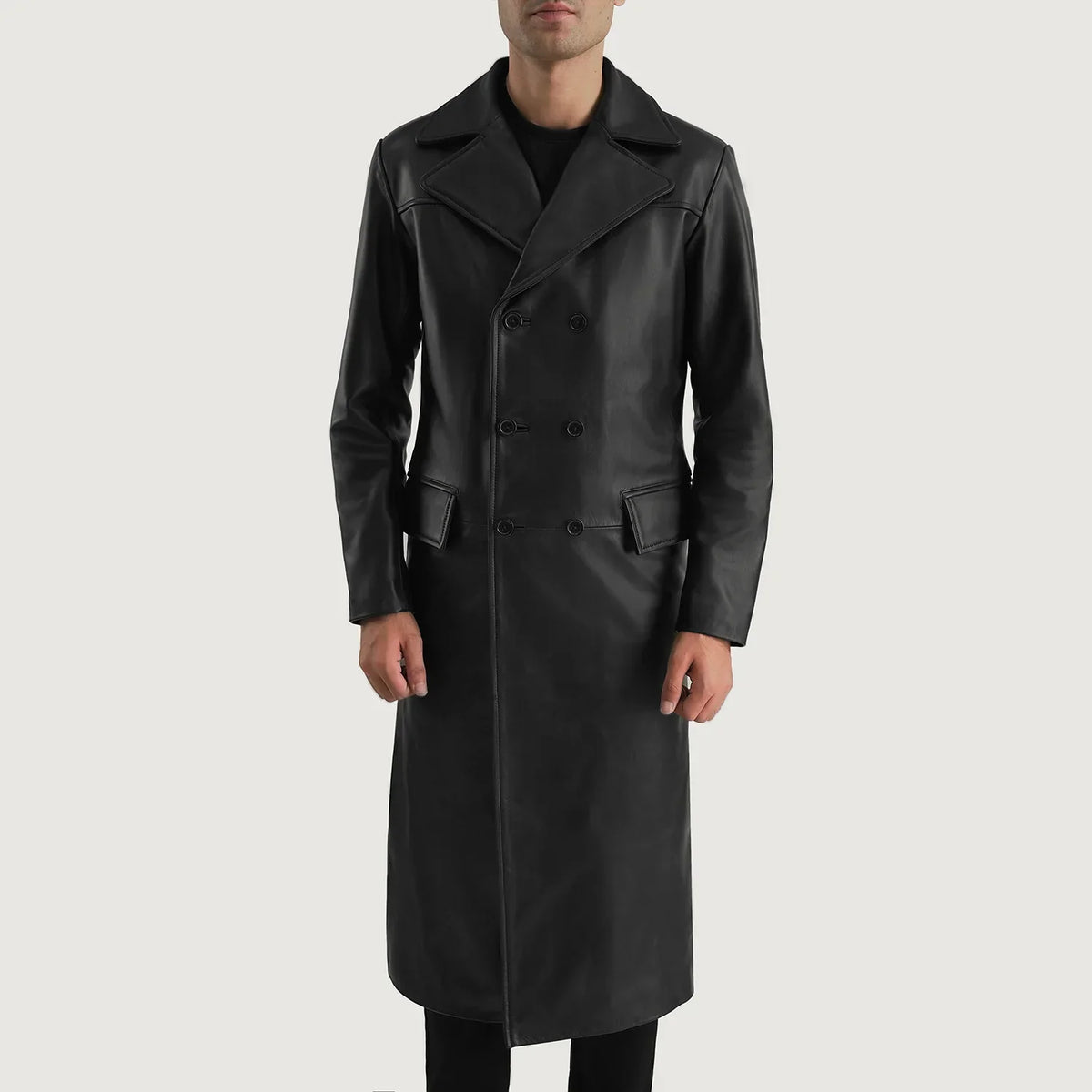 
Yksityiskohtainen lähikuva of Notch & Button Hardware on Delmar Black Leather Double Breasted Coat