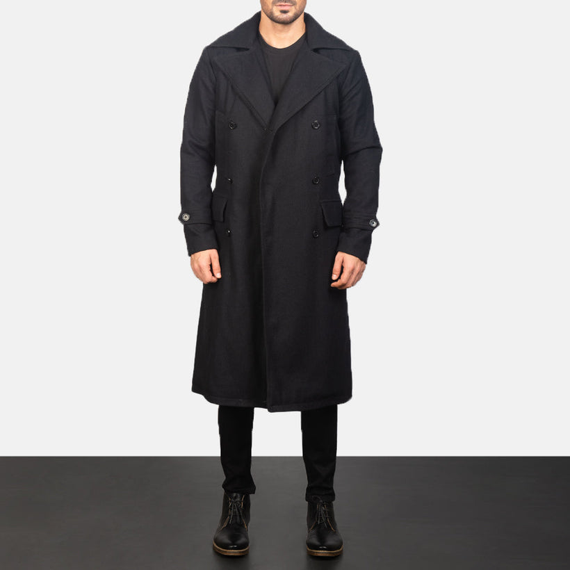 Detective Musta Wool Nahkatakki pitkä Miehille