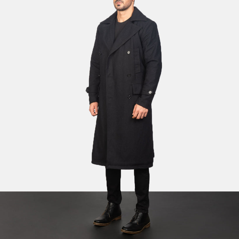 Detective Musta Wool Nahkatakki pitkä Miehille