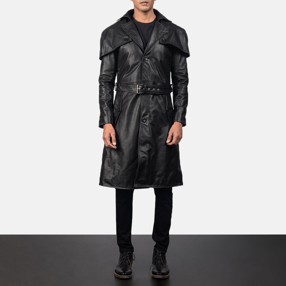 
Black Cowhide Leather Trench Coat - Takaa istuvilla olkapäillä ja siistillä helmalla