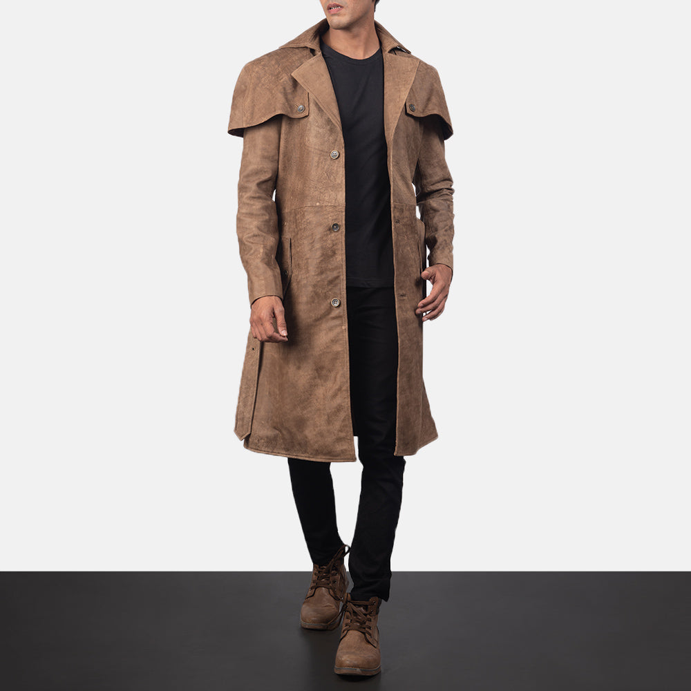 Men's Deux Ruskea Leather Duster Miehille in Distressed Brown Semi-Aniline Snuffed - Front Profile View &amp; Tailored Silhouette | Buy Online
