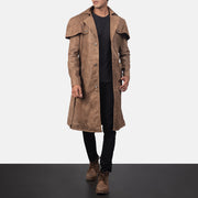 Men's Deux Ruskea Leather Duster Miehille in Distressed Brown Semi-Aniline Snuffed - Front Profile View &amp; Tailored Silhouette | Buy Online