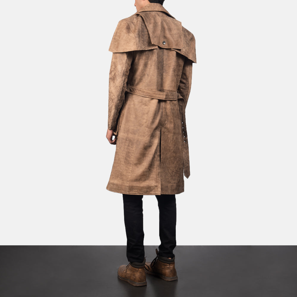 Men's Deux Ruskea Leather Duster Miehille - Lateral Side Profile View Showing Sleeve Cut &amp; Athletic Taper Fit