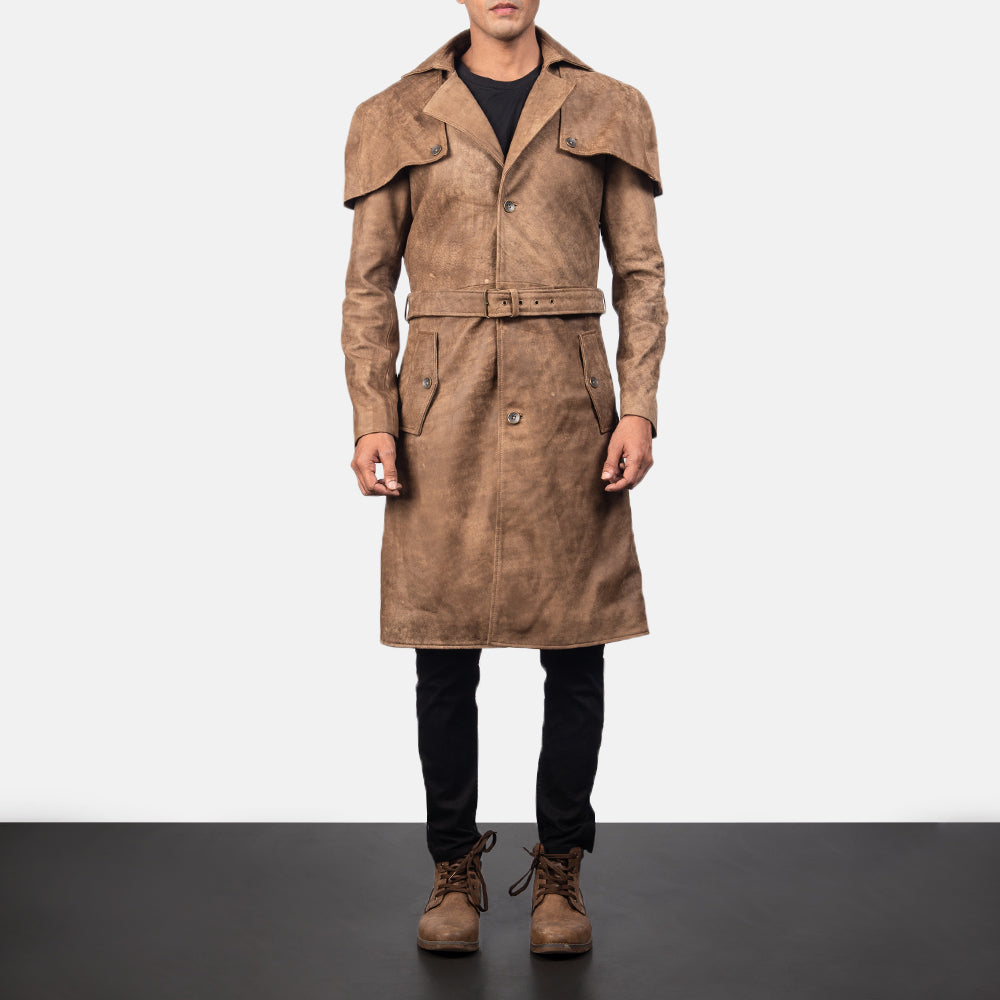 Close-Up Detail of Classic Collar &amp; Buttons + Belt Hardware on Men's Deux Ruskea Leather Duster Miehille