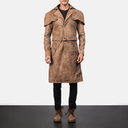 Close-Up Detail of Classic Collar &amp; Buttons + Belt Hardware on Men's Deux Ruskea Leather Duster Miehille