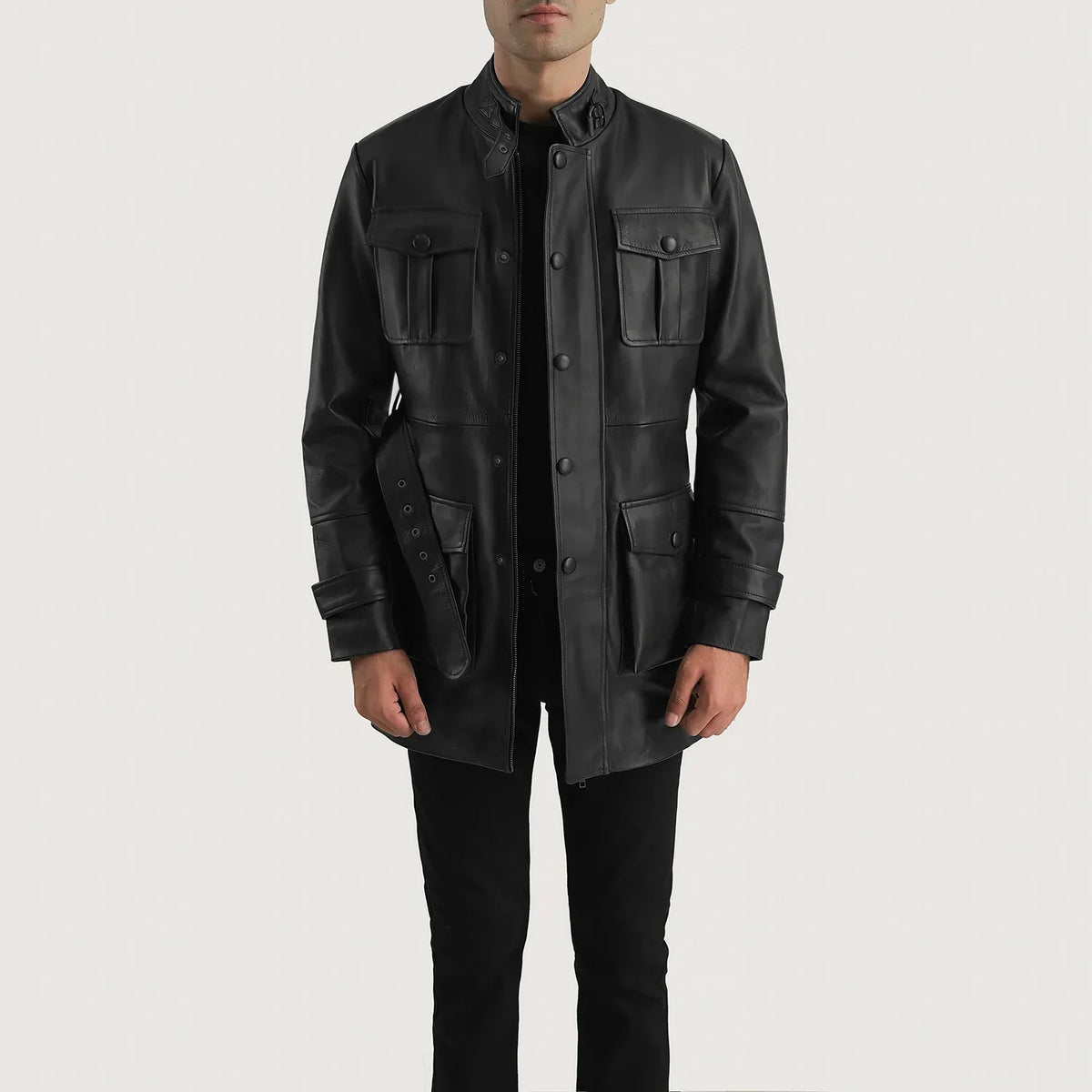 Dolf Musta Nahkatakki Miehille in Black Cowhide Leather - Front Profile View &amp; Tailored Silhouette | Buy Online
