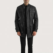 Dolf Musta Nahkatakki Miehille in Black Cowhide Leather - Front Profile View &amp; Tailored Silhouette | Buy Online