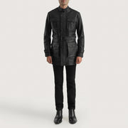 Dolf Musta Nahkatakki Miehille - Lateral Side Profile View Showing Sleeve Cut &amp; Athletic Taper Fit