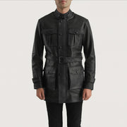 Close-Up Detail of High neck with Belt &amp; Snap button Hardware on Dolf Musta Nahkatakki Miehille
