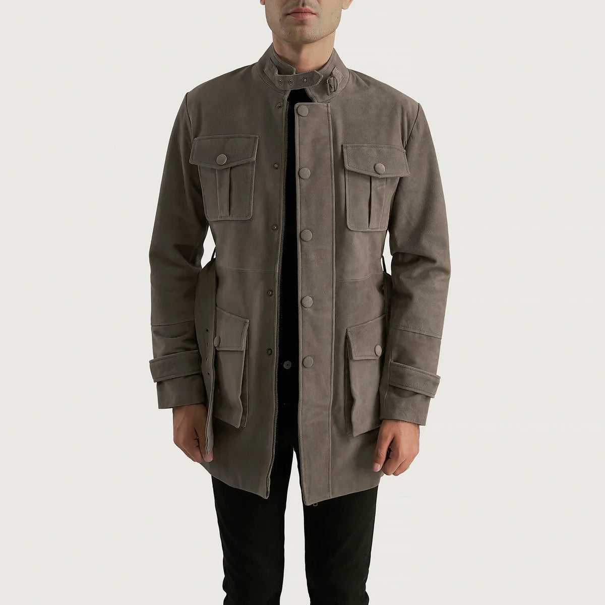 Dolf Grey Mokkanahkatakki Miehille in Grey Cowhide Suede - Front Profile View &amp; Tailored Silhouette | Buy Online