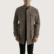 Dolf Grey Mokkanahkatakki Miehille in Grey Cowhide Suede - Front Profile View &amp; Tailored Silhouette | Buy Online