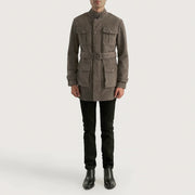 Dolf Grey Mokkanahkatakki Miehille - Lateral Side Profile View Showing Sleeve Cut &amp; Athletic Taper Fit