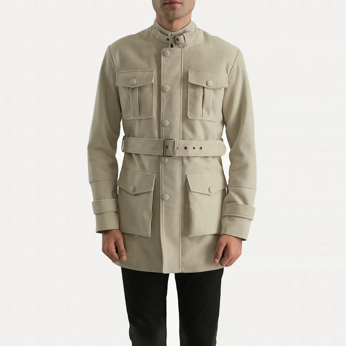 Dolf Off-White Mokkanahkatakki Miehille in Off-White Cowhide Suede - Front Profile View &amp; Tailored Silhouette | Buy Online