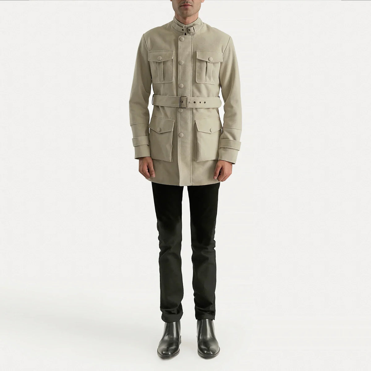 Dolf Off-White Mokkanahkatakki Miehille - Lateral Side Profile View Showing Sleeve Cut &amp; Athletic Taper Fit