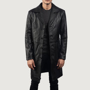 Men's Don Long Musta Nahkatakki Pitkä Miehille in Black Cowhide Leather - Front Profile View &amp; Tailored Silhouette | Buy Online