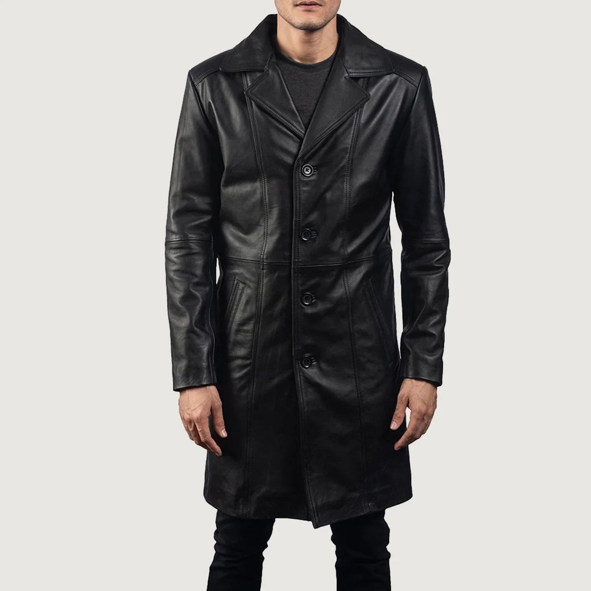 Men's Don Long Musta Nahkatakki Pitkä Miehille - Lateral Side Profile View Showing Sleeve Cut &amp; Athletic Taper Fit