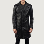 Men's Don Long Musta Nahkatakki Pitkä Miehille - Lateral Side Profile View Showing Sleeve Cut &amp; Athletic Taper Fit