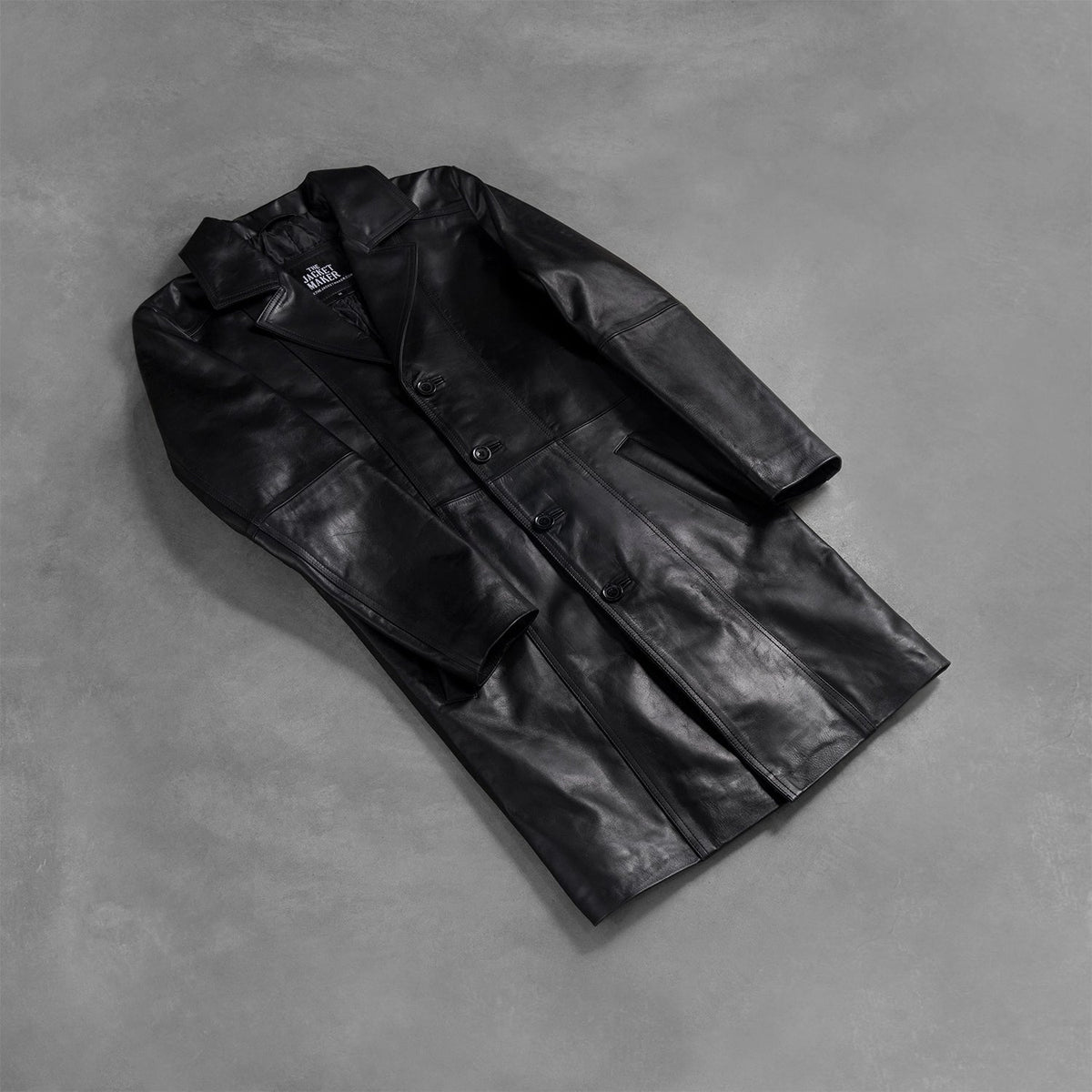 Open hem &amp; Hem Craftsmanship Construction Detail on Men's Don Long Musta Nahkatakki Pitkä Miehille