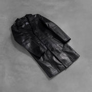 Open hem &amp; Hem Craftsmanship Construction Detail on Men's Don Long Musta Nahkatakki Pitkä Miehille