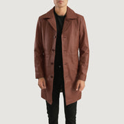 Don Long Ruskea Nahkatakki Pitkä Miehille in Brown Cowhide Leather - Front Profile View &amp; Tailored Silhouette | Buy Online
