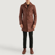 Don Long Ruskea Nahkatakki Pitkä Miehille - Lateral Side Profile View Showing Sleeve Cut &amp; Athletic Taper Fit