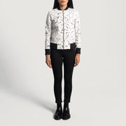 Close-Up Detail of Varsity &amp; Zipper Hardware on Women's Donna Blake White Nahkainen Pommitakki Naisille