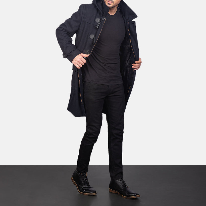 Drake Musta Wool Hooded Duffle Nahkatakki Pitkä Miehille