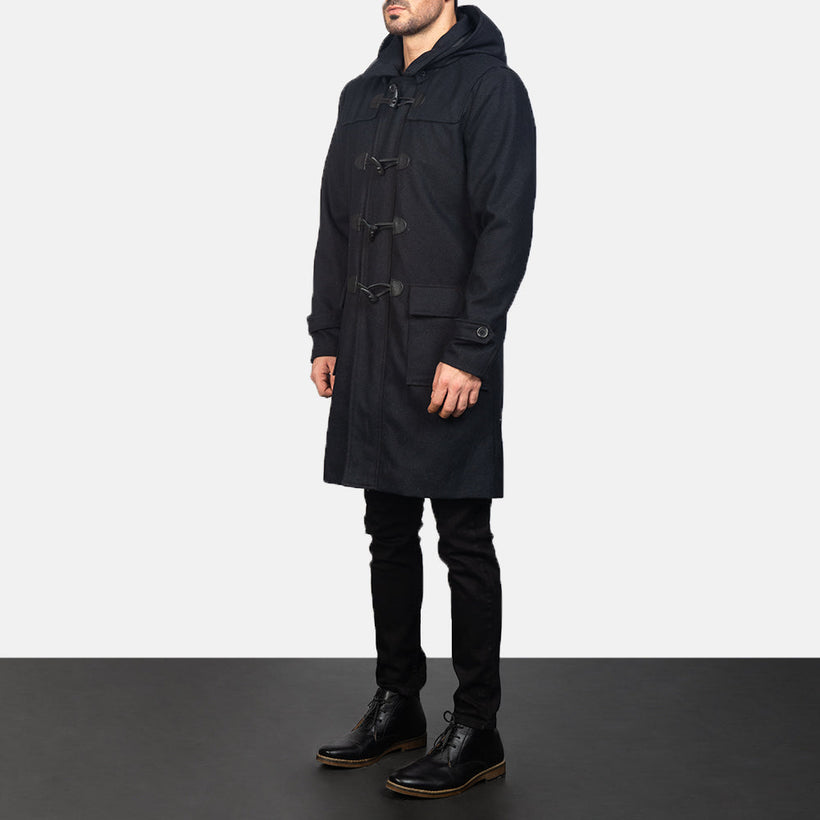 Drake Musta Wool Hooded Duffle Nahkatakki Pitkä Miehille