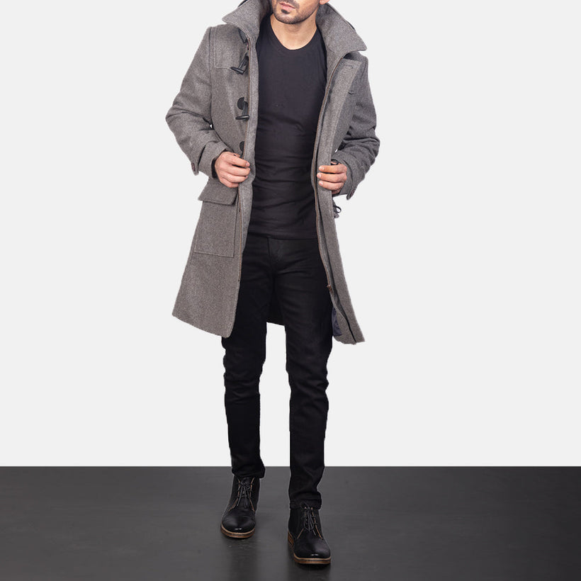 Drake Grey Wool Hooded Duffle Nahkatakki Pitkä Miehille