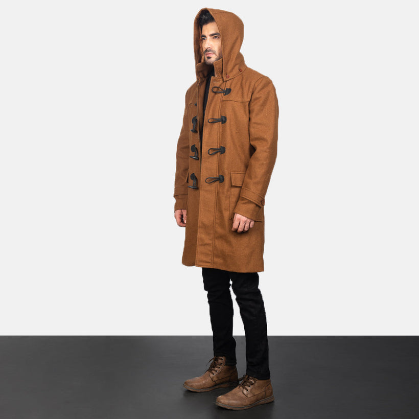 Drake Khaki Wool Hooded Duffle Nahkatakki Pitkä Miehille