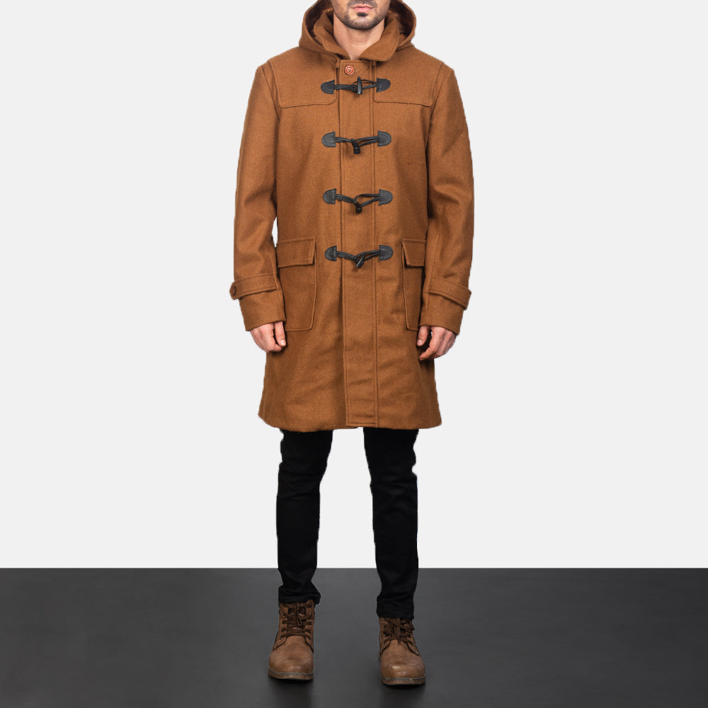 
Yksityiskohtainen lähikuva of Shirt with Removable Hood & Toggle Buttons with Placket & Zipper Hardware on Drake Khaki Wool Duffle Coat