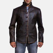 Men's Drakeshire Ruskea Nahkatakki Miehille in Distressed Brown Goatskin Leather - Front Profile View &amp; Tailored Silhouette | Buy Online